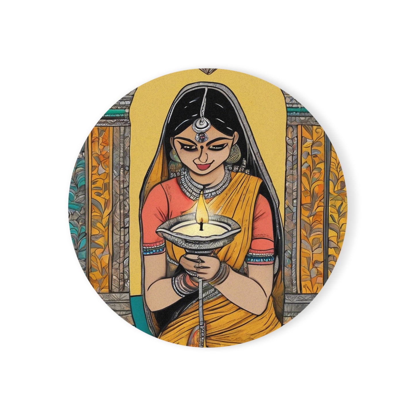 Lady Lighting Lamp on Diwali – Madhubani Coaster Set (Square & Round) | Artloom Gallery