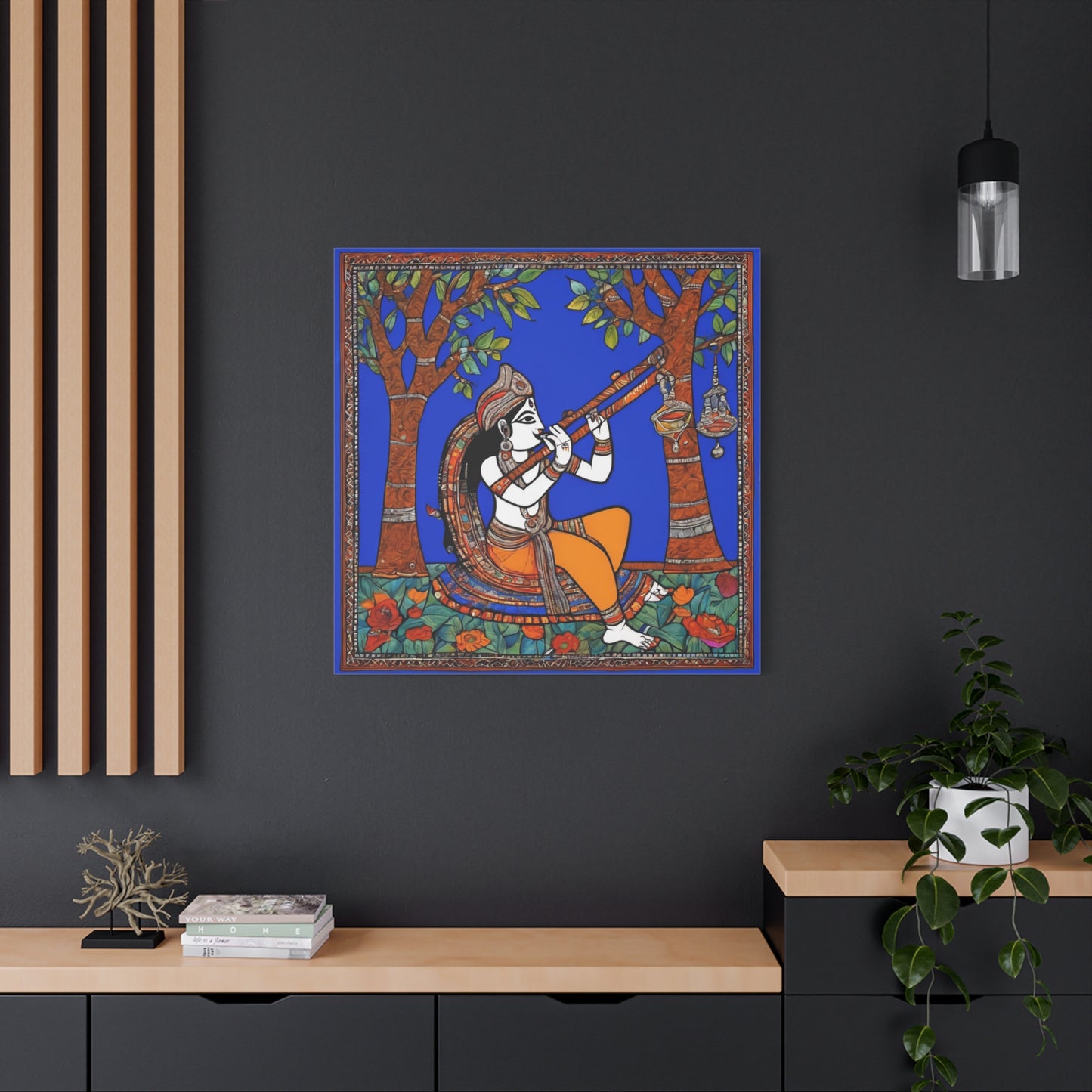 Krishna with Flute – Madhubani Home Décor Masterpiece Canvas Wall Art | Artloom Gallery