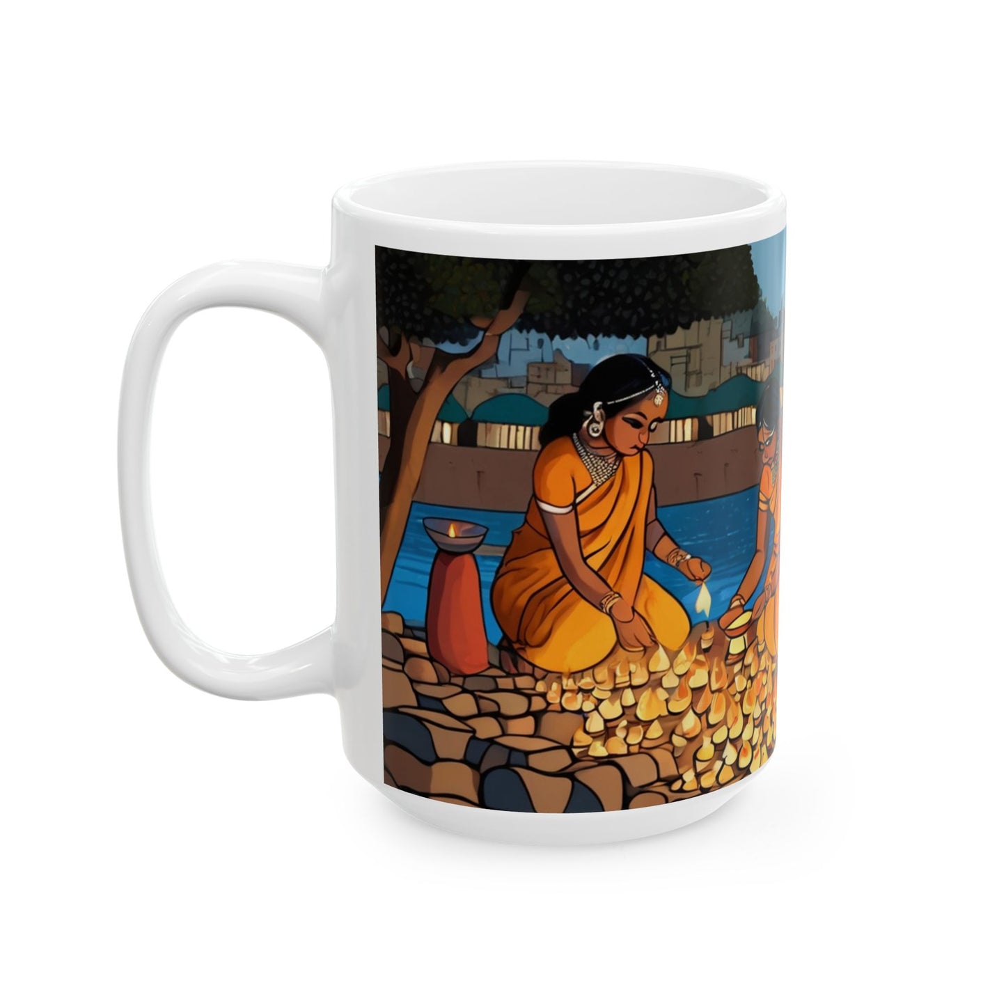 Festive Diwali Mug – Riverbank Diyas Design (11oz/15oz) | Artloom Gallery