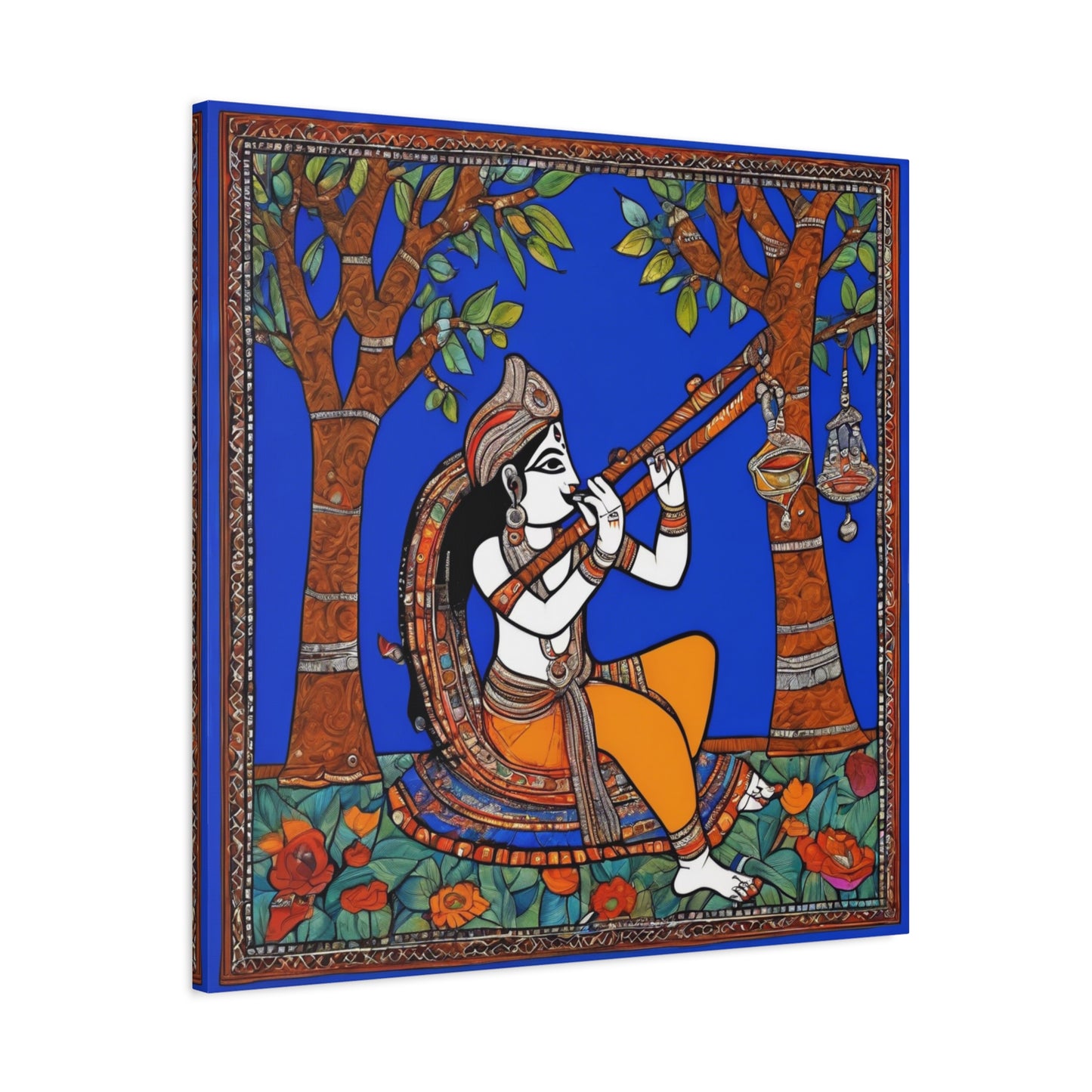 Krishna with Flute – Madhubani Home Décor Masterpiece Canvas Wall Art | Artloom Gallery