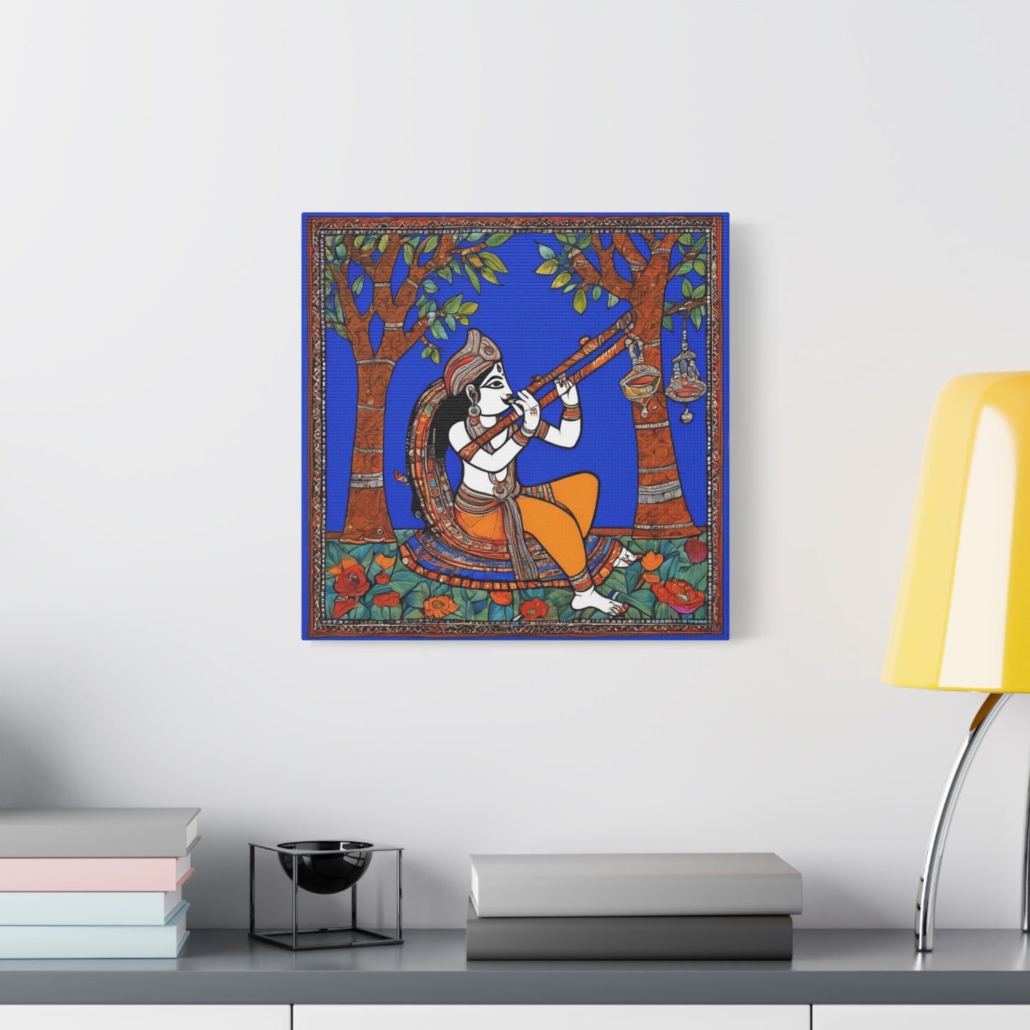Krishna with Flute – Madhubani Home Décor Masterpiece Canvas Wall Art | Artloom Gallery