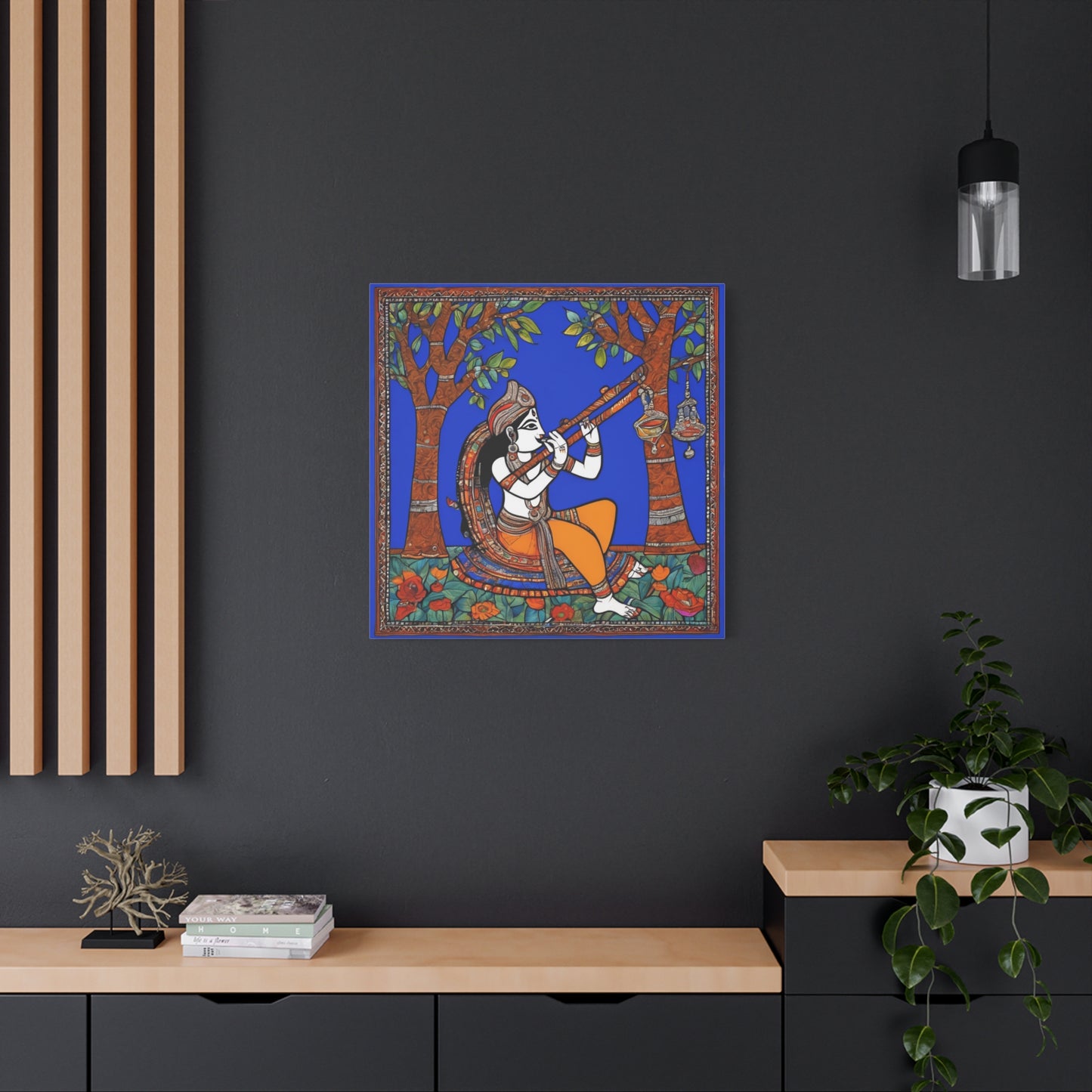 Krishna with Flute – Madhubani Home Décor Masterpiece Canvas Wall Art | Artloom Gallery
