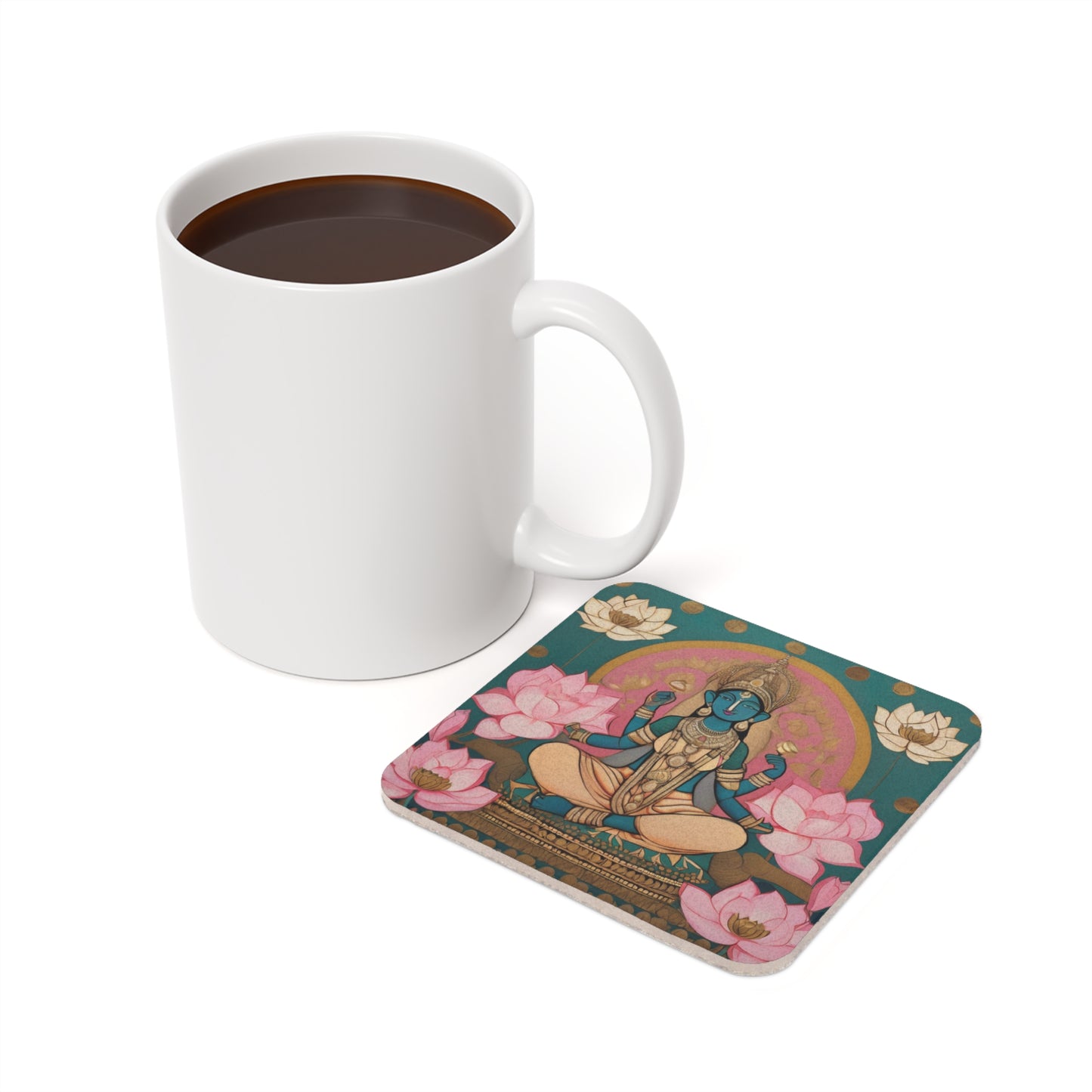 Goddess Lakshmi On Her Lotus Throne – Pichwai Deco Coaster Set (Square & Round) | Artloom Gallery