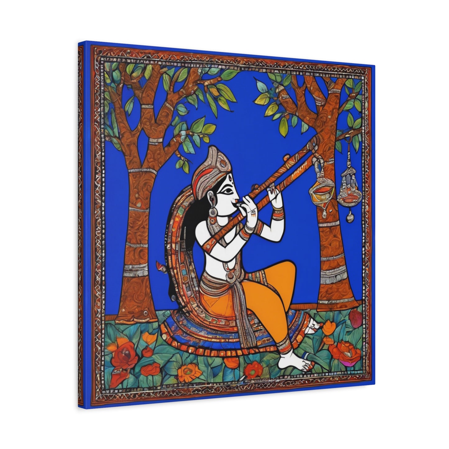 Krishna with Flute – Madhubani Home Décor Masterpiece Canvas Wall Art | Artloom Gallery