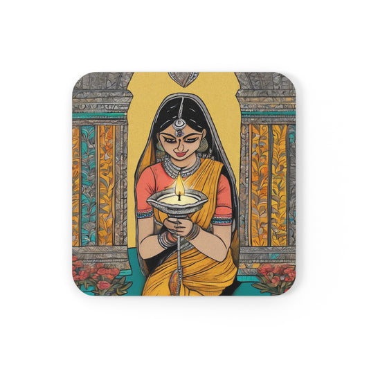 Lady Lighting Lamp on Diwali – Madhubani Coaster Set (Square & Round) | Artloom Gallery
