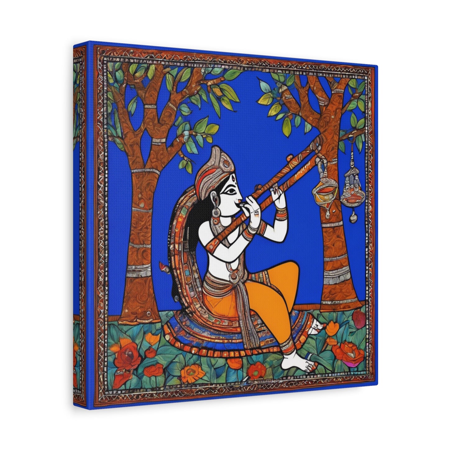 Krishna with Flute – Madhubani Home Décor Masterpiece Canvas Wall Art | Artloom Gallery
