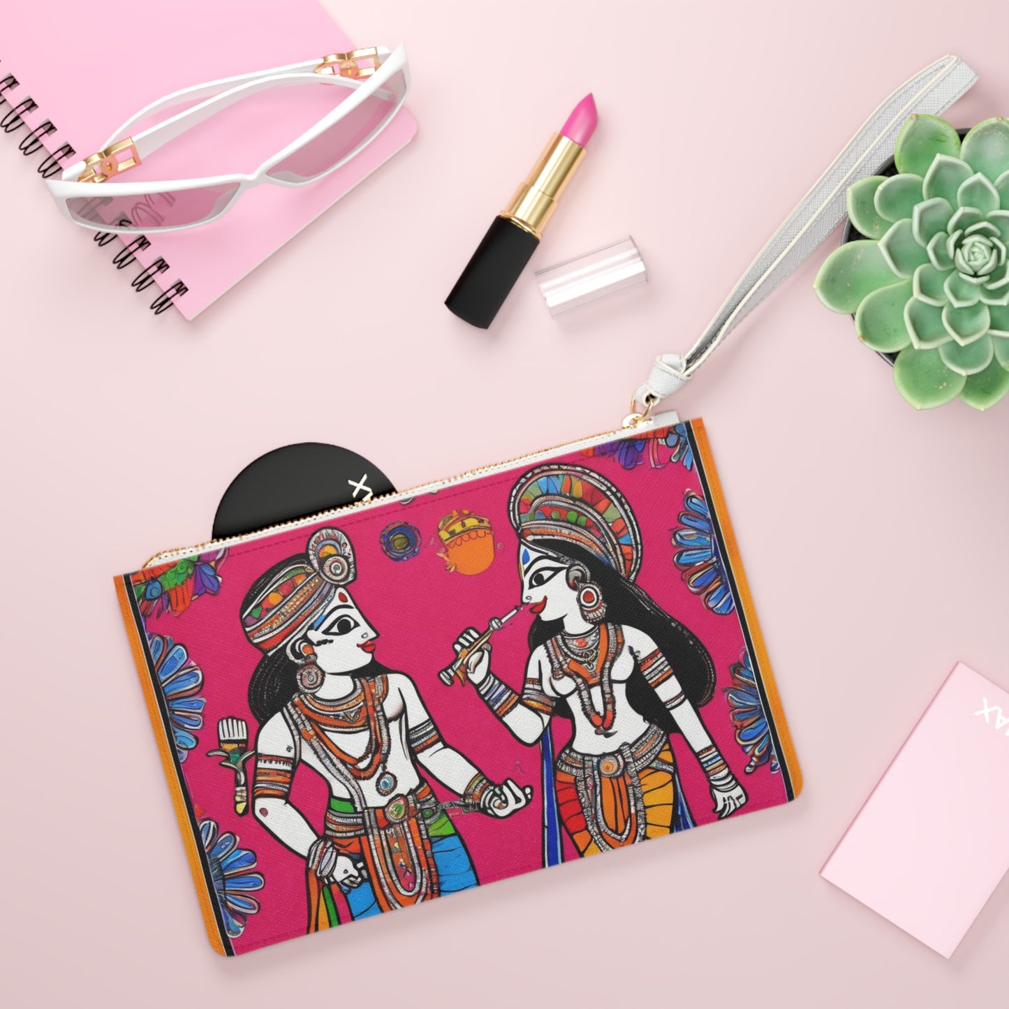 Madhubani Art – Radha Krishna in Pink | Elegant Clutch Bag | Artloom Gallery