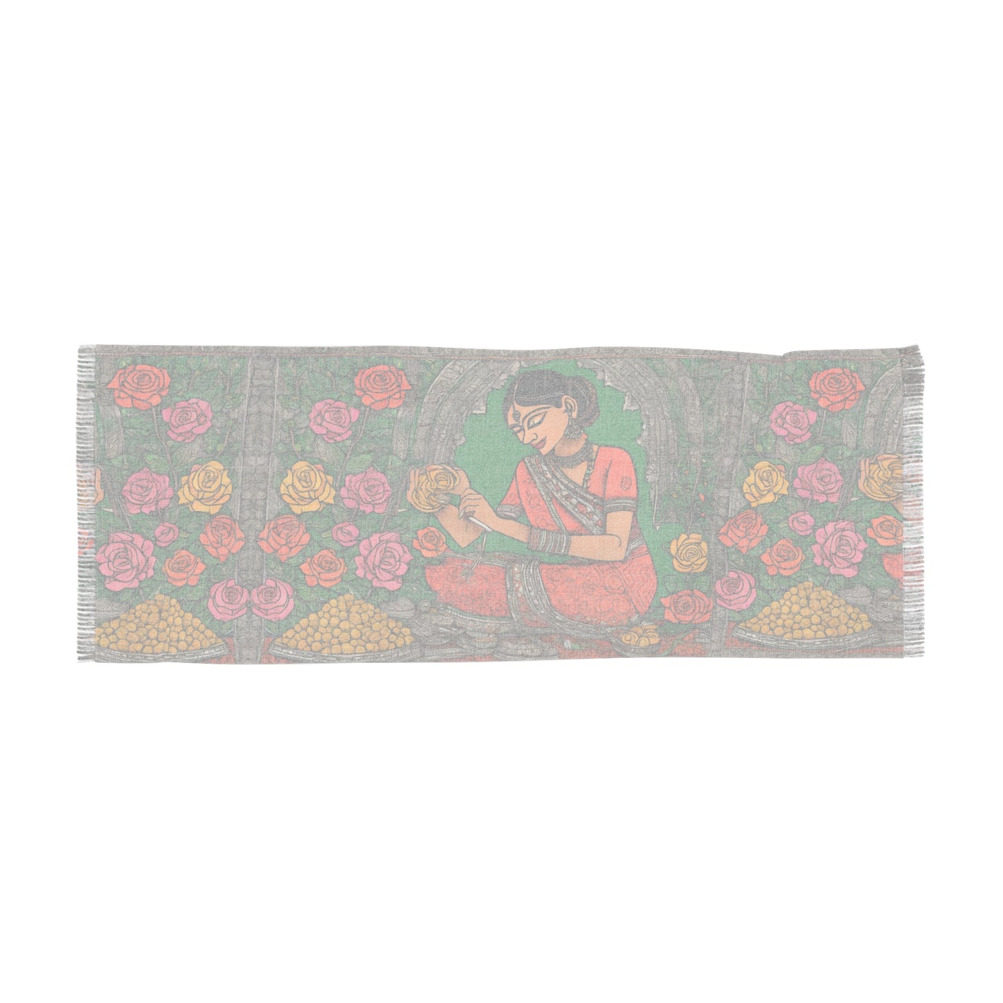Woman Arranging Flowers Kalamkari Painting – Light Scarf (27x71 in) | Artloom Gallery