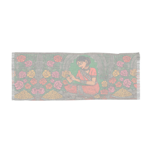 Woman Arranging Flowers Kalamkari Painting – Light Scarf (27x71 in) | Artloom Gallery