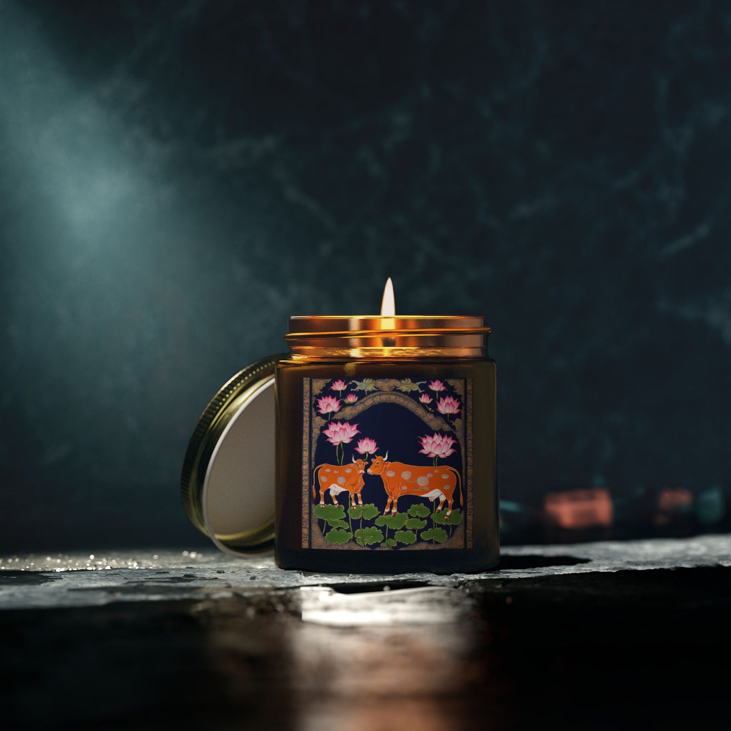 Cows and Lotus - Pichwai Art Scented Candle (4oz, 9oz) | Artloom Gallery