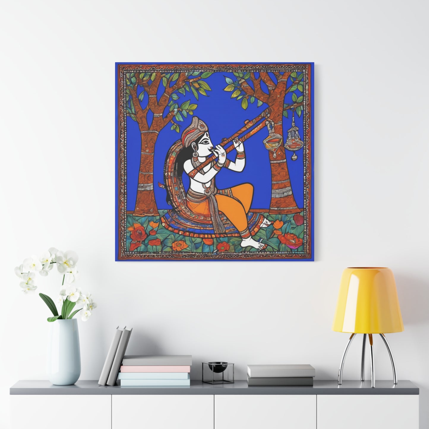 Krishna with Flute – Madhubani Home Décor Masterpiece Canvas Wall Art | Artloom Gallery