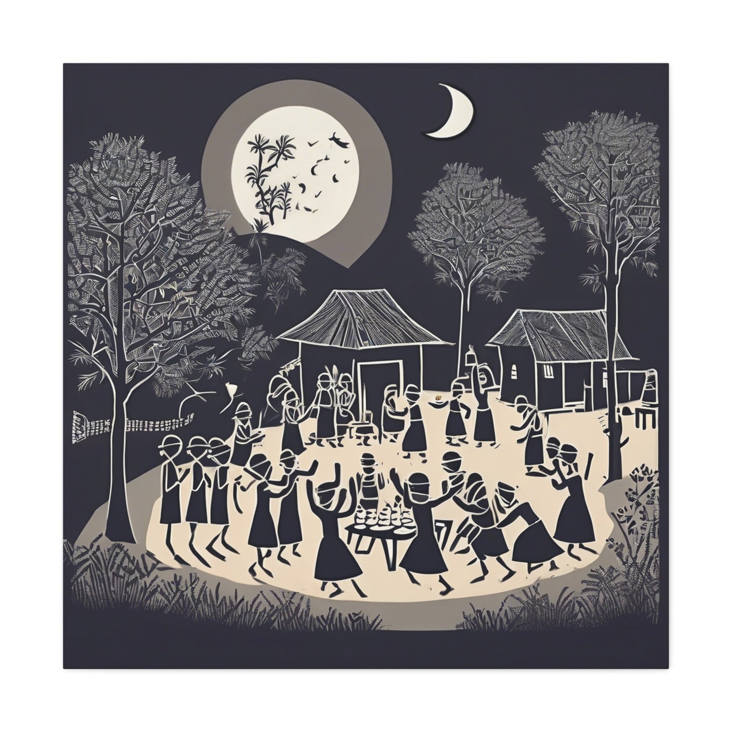Village Celebration Under Moonlight – Monochrome  Warli Canvas Print | Rustic Indian Folk Art | Artloom Gallery
