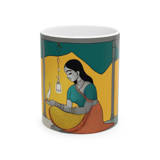 Diwali Celebration Mug – Girl Lighting a Diya Artwork (11oz/15oz) | Artloom Gallery
