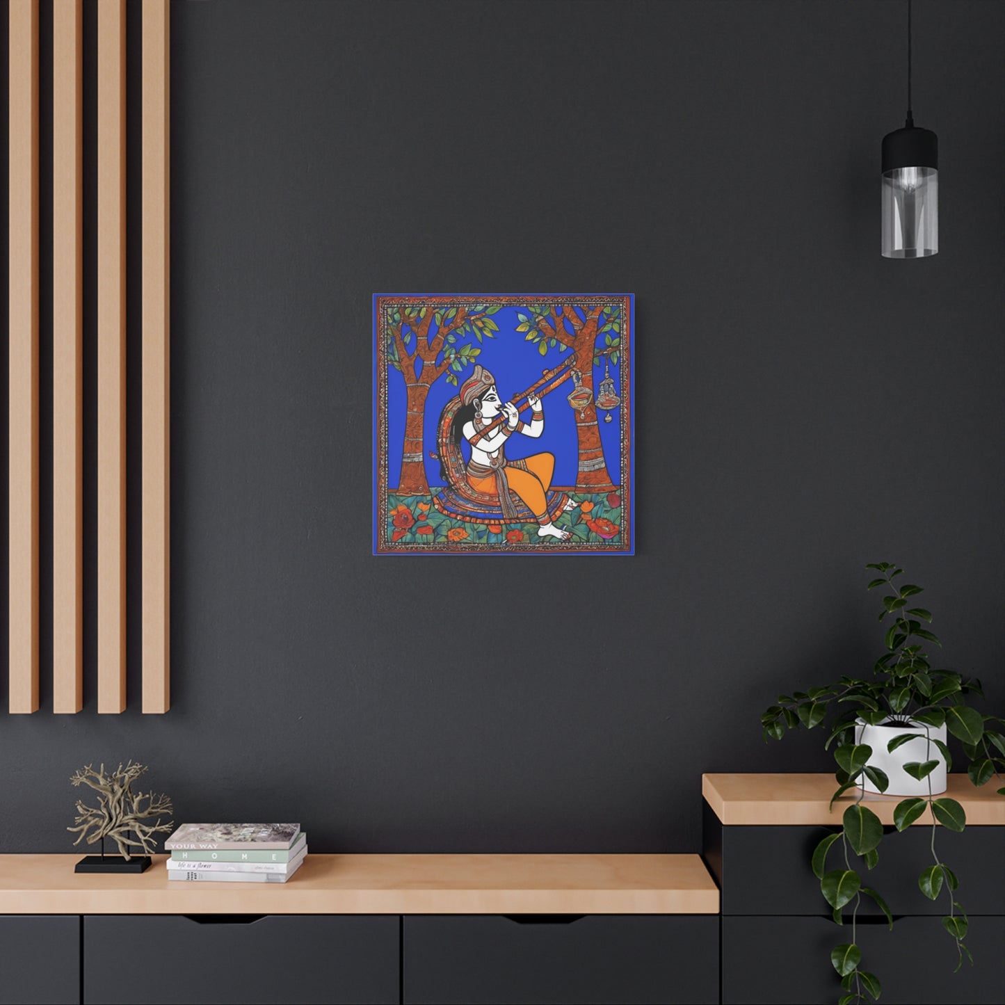 Krishna with Flute – Madhubani Home Décor Masterpiece Canvas Wall Art | Artloom Gallery