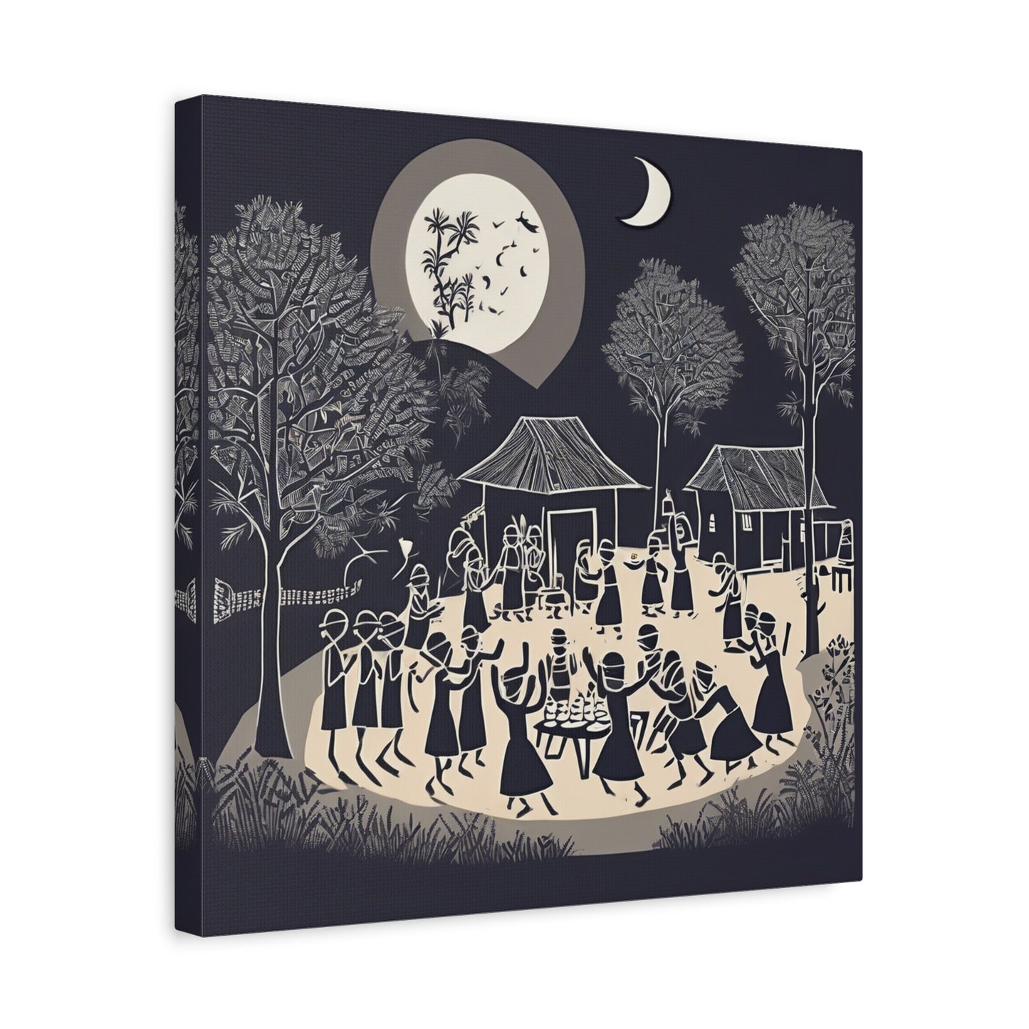Village Celebration Under Moonlight – Monochrome  Warli Canvas Print | Rustic Indian Folk Art | Artloom Gallery