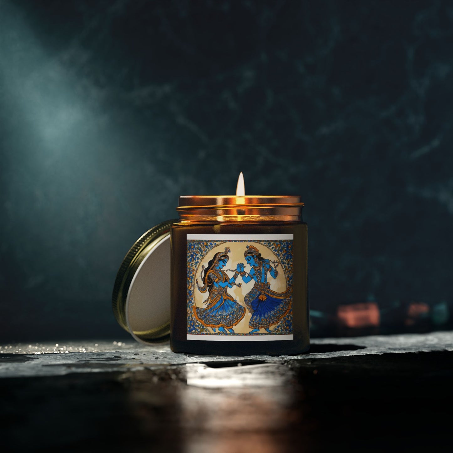 Dancing Radha Krishna - Kalamkari Art Scented Candle (4oz, 9oz) | Artloom Gallery