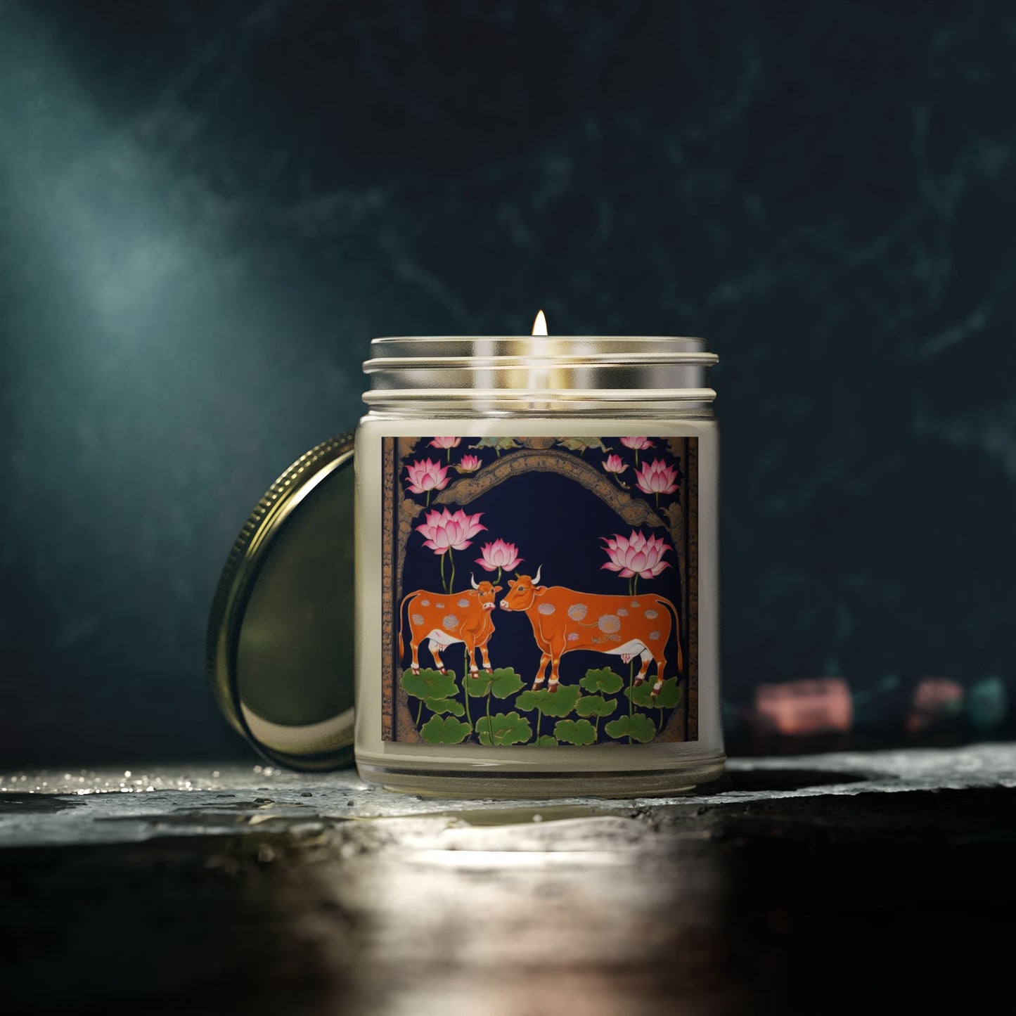 Cows and Lotus - Pichwai Art Scented Candle (4oz, 9oz) | Artloom Gallery