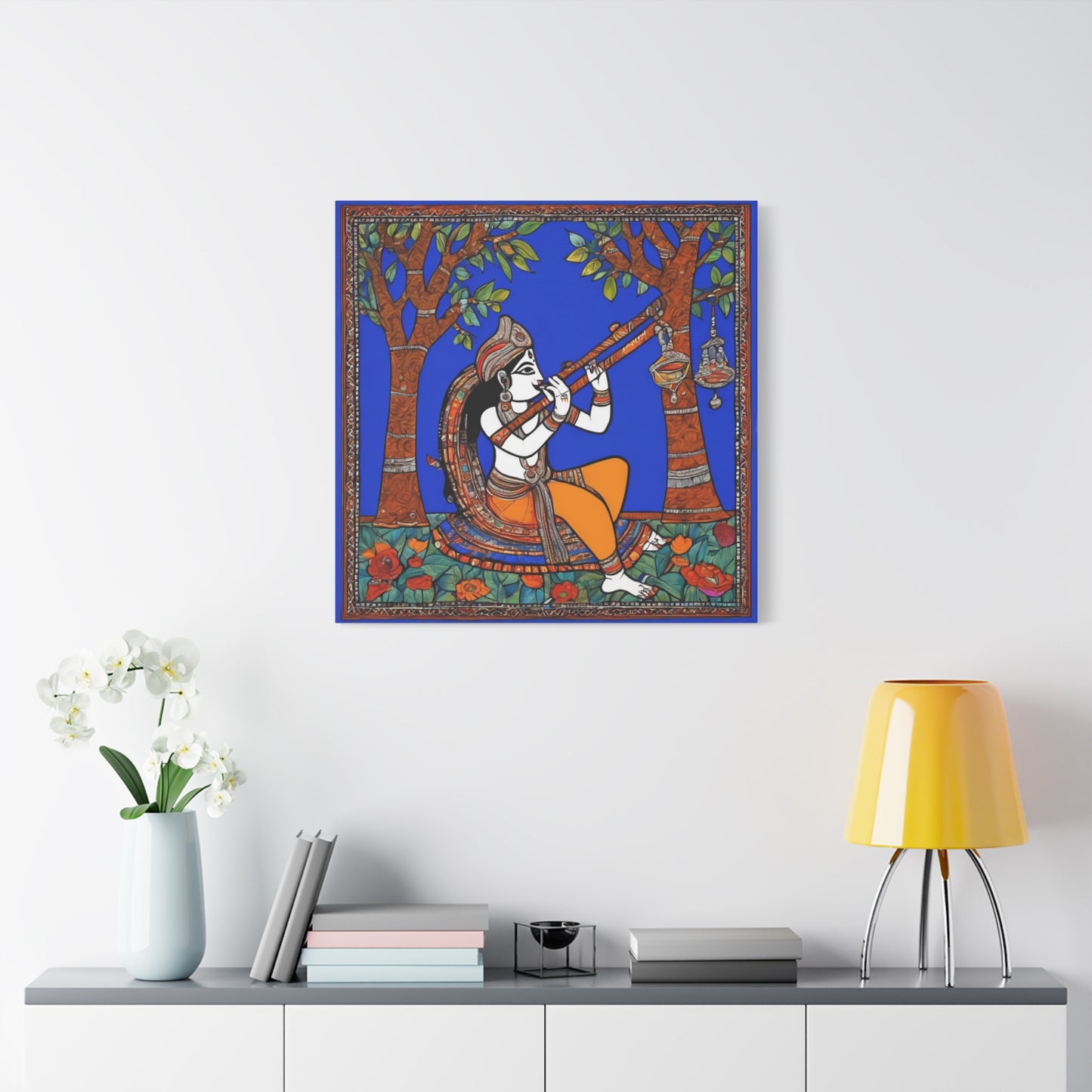 Krishna with Flute – Madhubani Home Décor Masterpiece Canvas Wall Art | Artloom Gallery