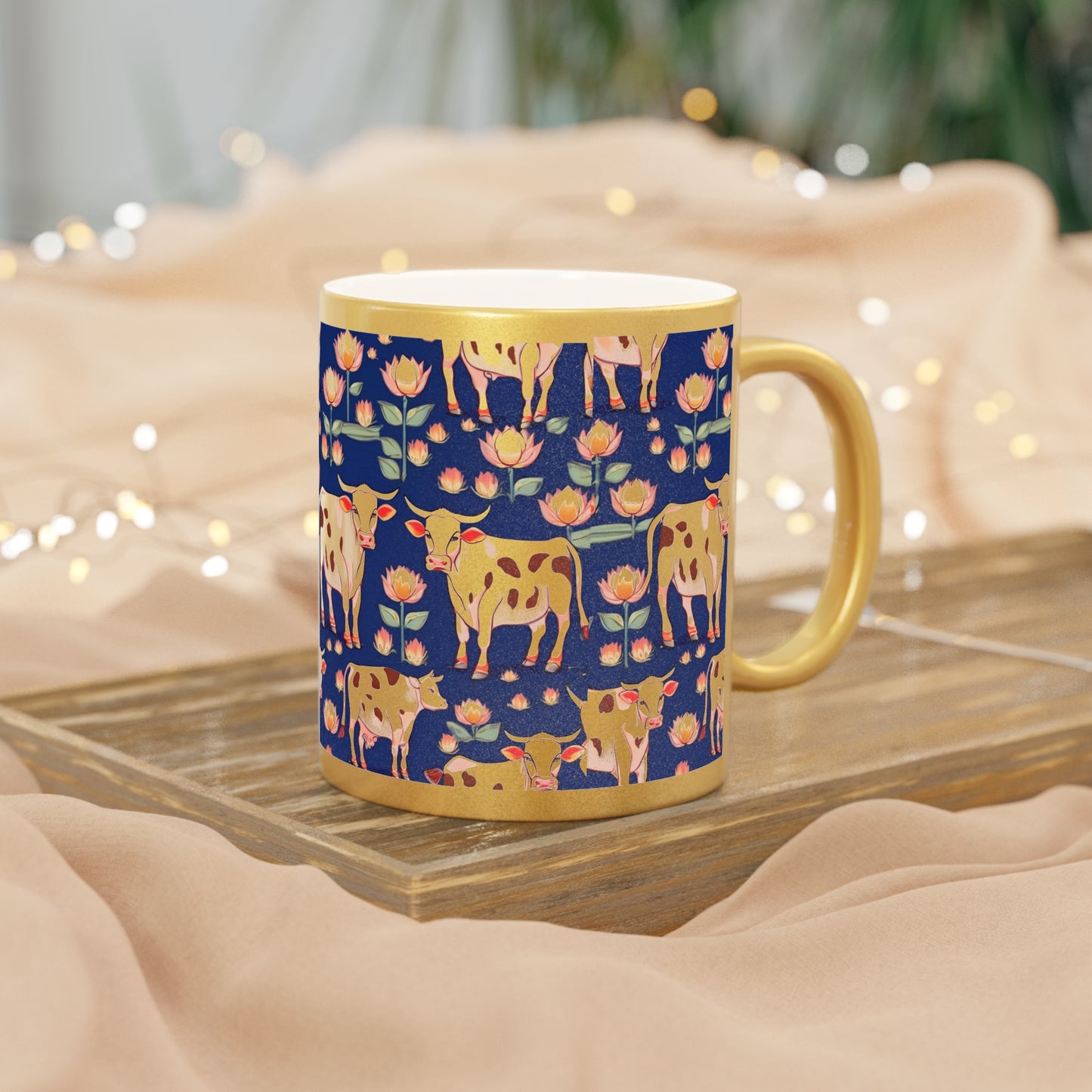 Pichwai Cows and Lotus – Metallic Coffee Mug (Gold/Silver, 11oz) | Artloom Gallery