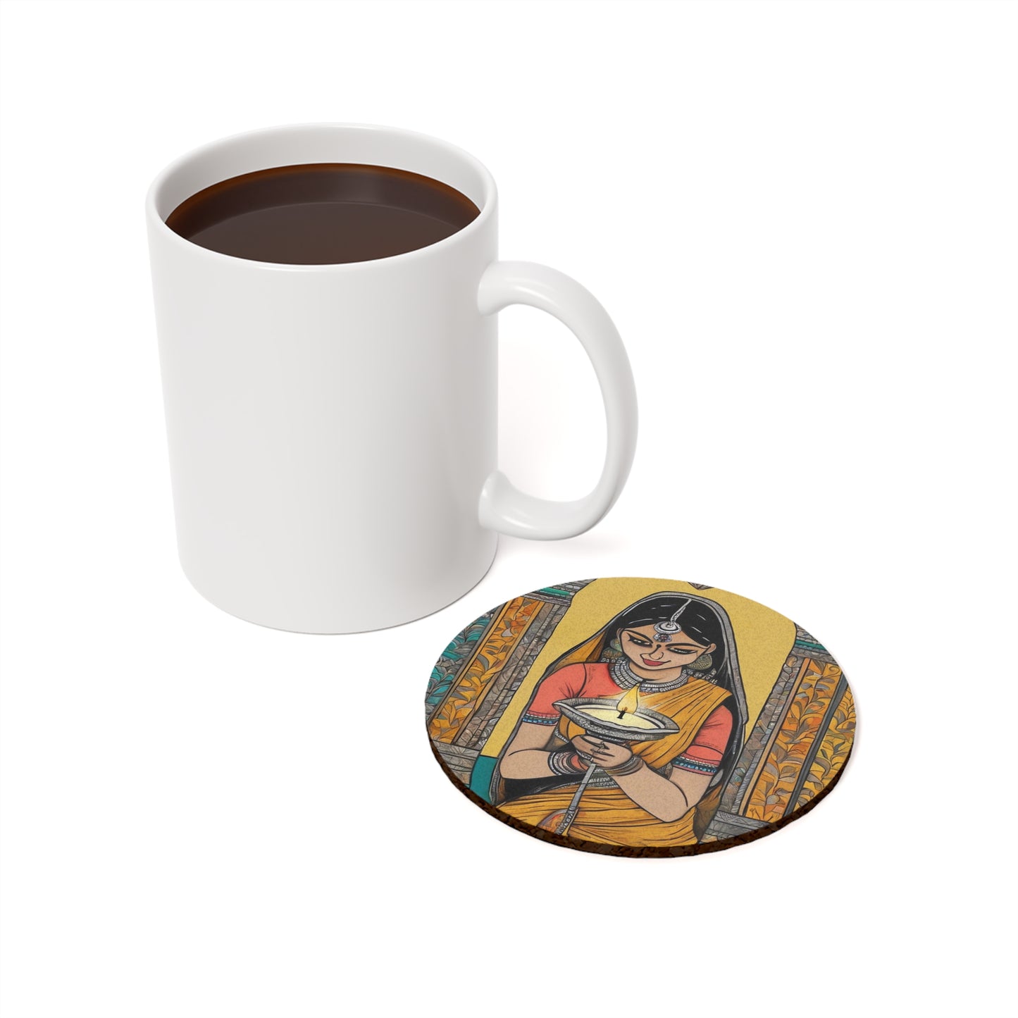 Lady Lighting Lamp on Diwali – Madhubani Coaster Set (Square & Round) | Artloom Gallery