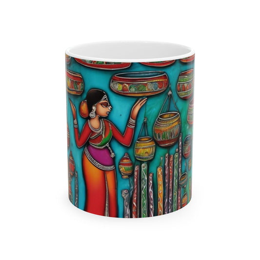 Coffee Mug - Kalamkari Art of a Bustling Bazaar Shop