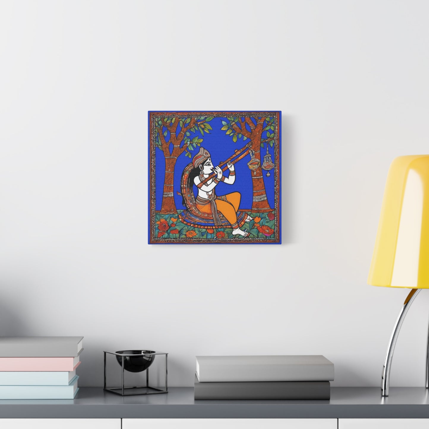 Krishna with Flute – Madhubani Home Décor Masterpiece Canvas Wall Art | Artloom Gallery