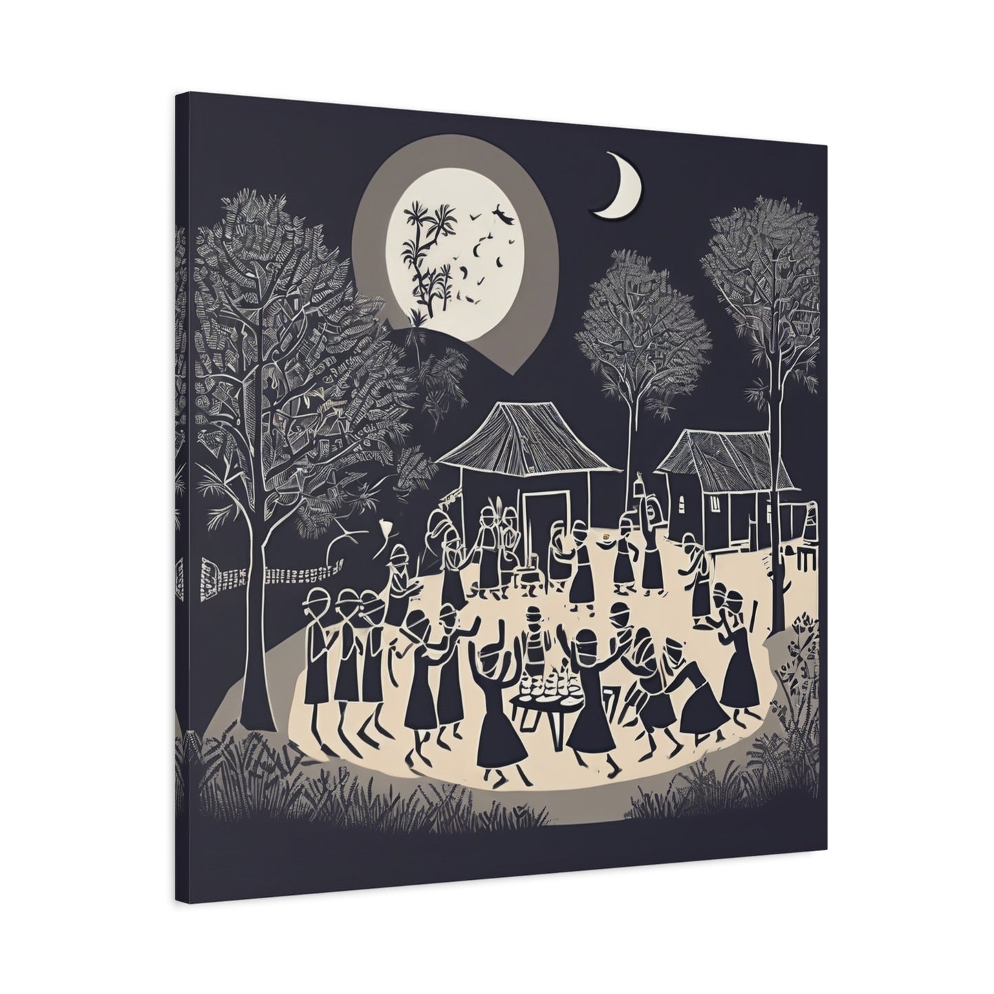 Village Celebration Under Moonlight – Monochrome  Warli Canvas Print | Rustic Indian Folk Art | Artloom Gallery