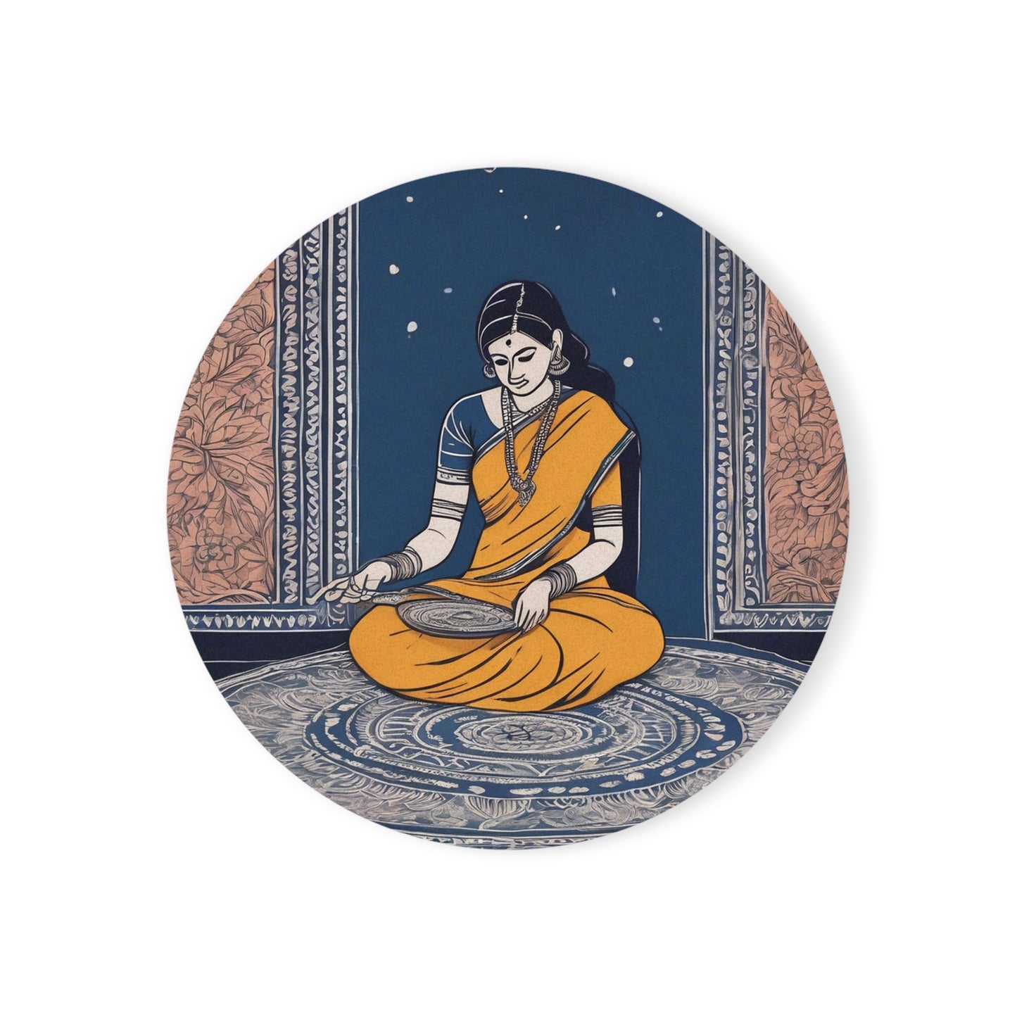 Woman Making Kolam Design – Kalamkari Coaster Set (Square & Round) | Artloom Gallery