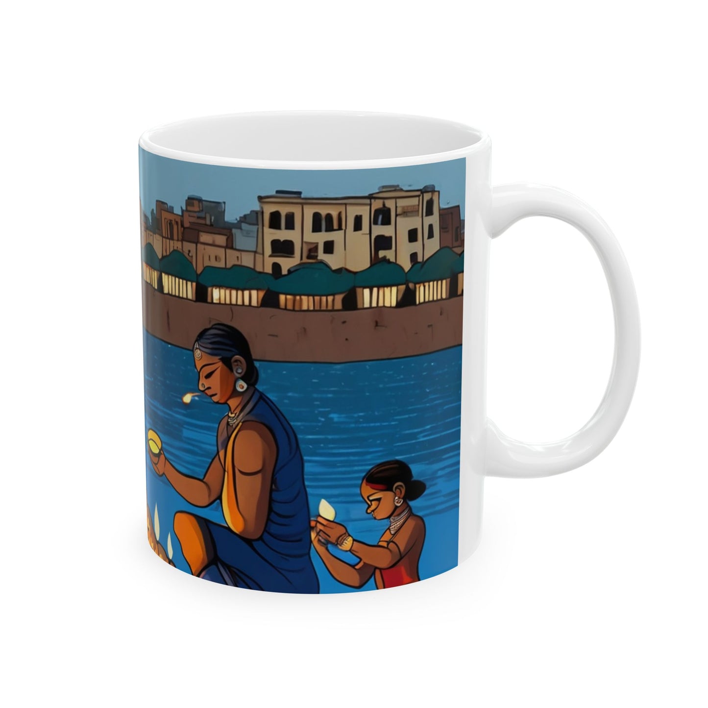 Festive Diwali Mug – Riverbank Diyas Design (11oz/15oz) | Artloom Gallery