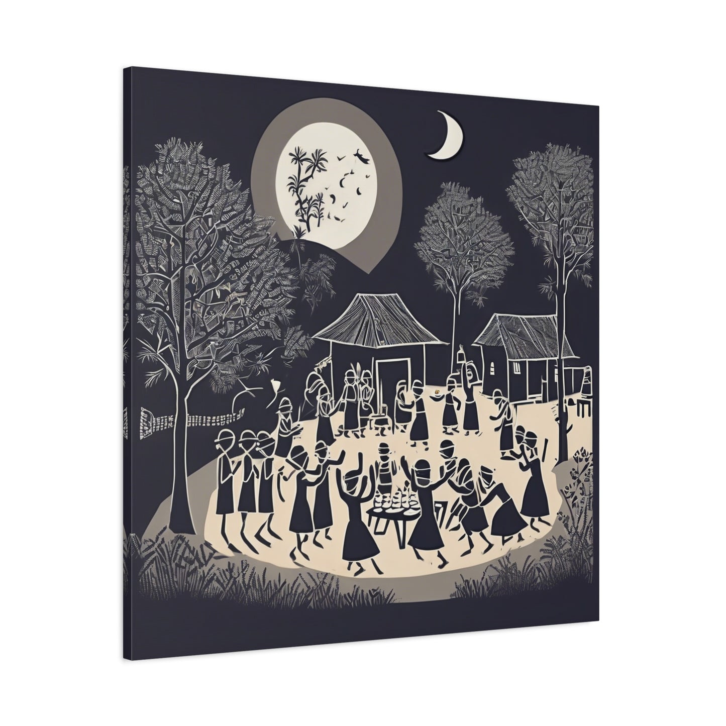 Village Celebration Under Moonlight – Monochrome  Warli Canvas Print | Rustic Indian Folk Art | Artloom Gallery