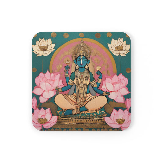 Goddess Lakshmi On Her Lotus Throne – Pichwai Deco Coaster Set (Square & Round) | Artloom Gallery