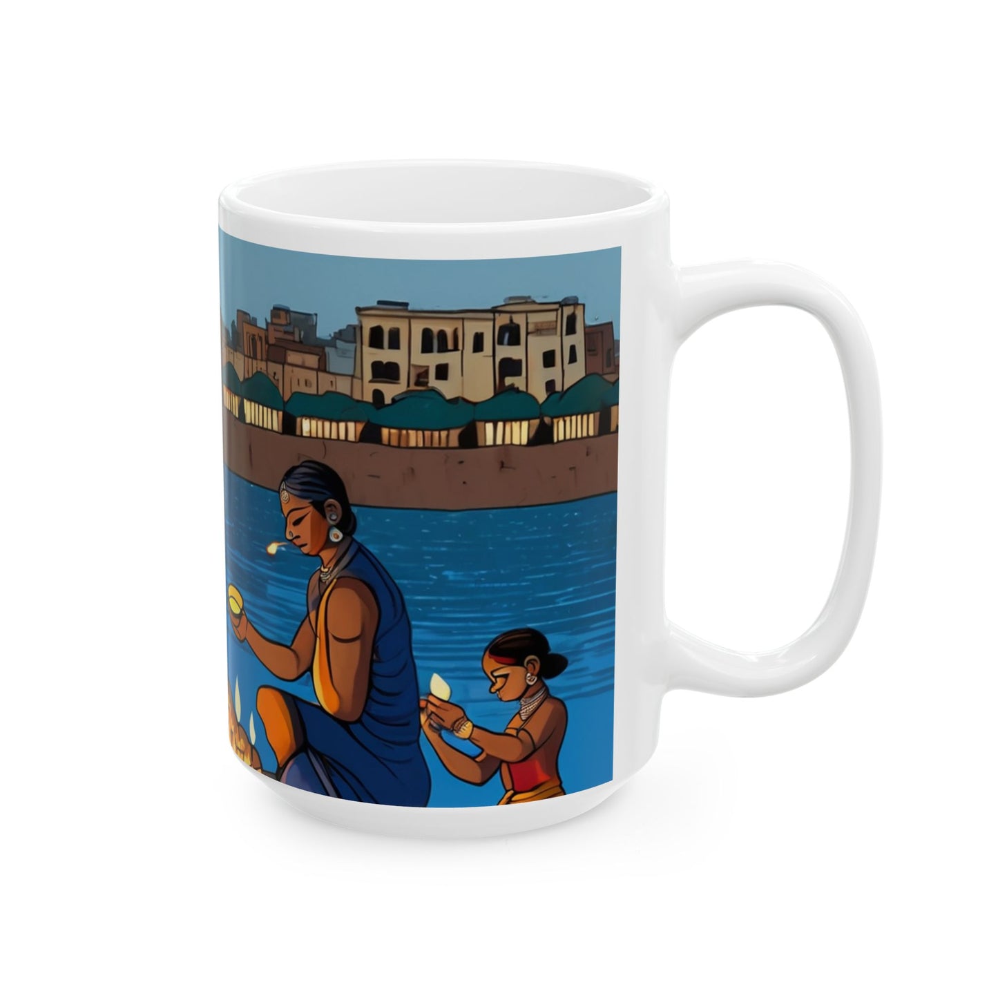 Festive Diwali Mug – Riverbank Diyas Design (11oz/15oz) | Artloom Gallery