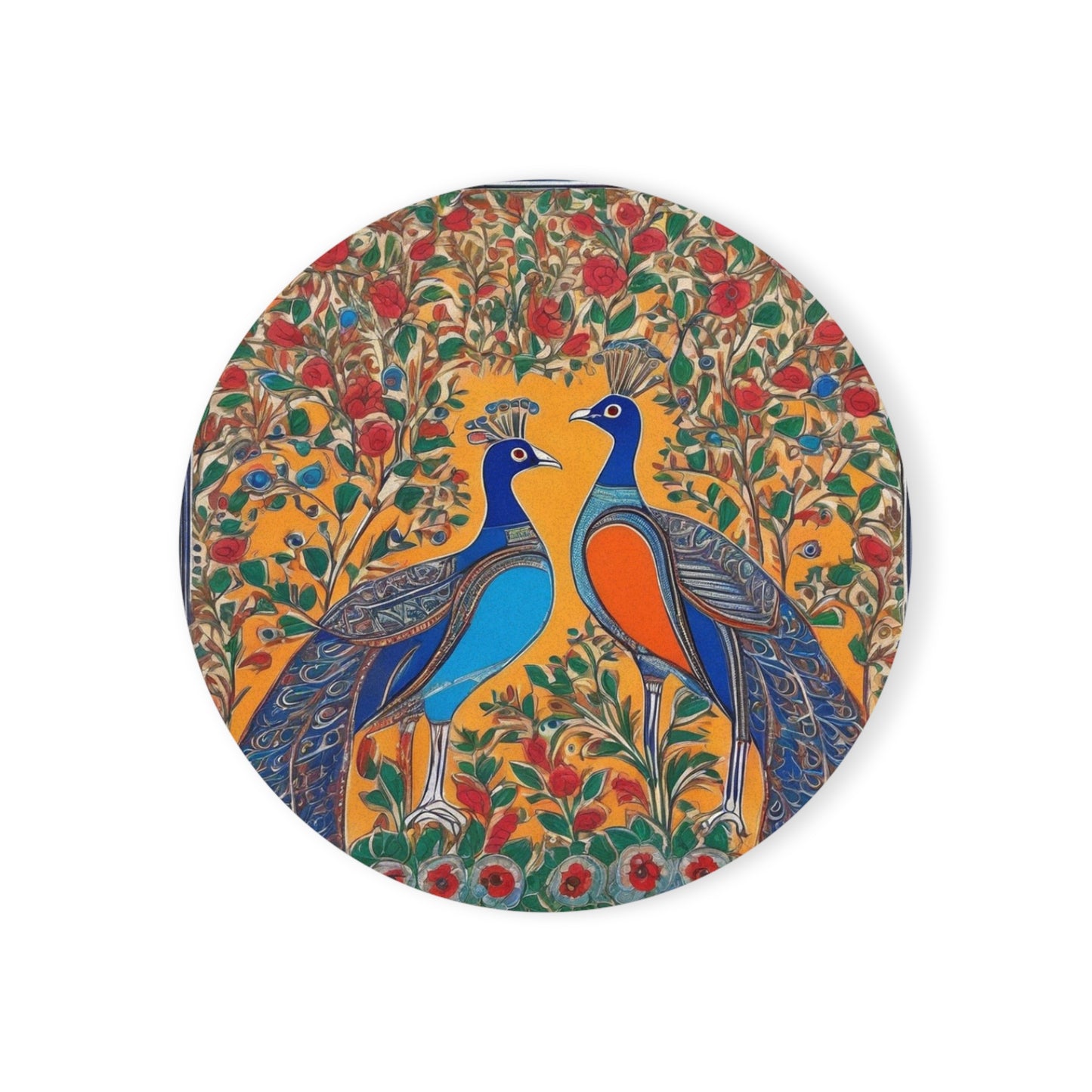 Peacocks And Flowers – Madhubani Deco Coaster Set (Square & Round) | Artloom Gallery