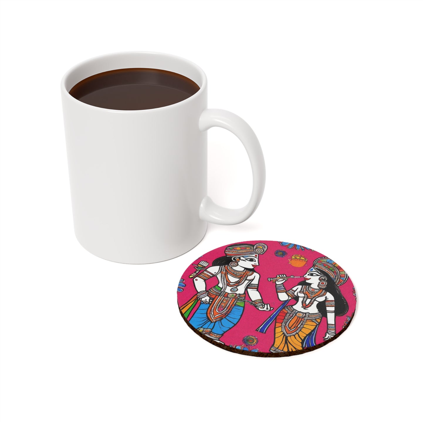 Radha Krishna in Pink – Madhubani Coaster Set (Square & Round) | Artloom Gallery