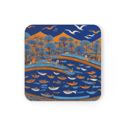 Gond Art – River Journey | Coaster Set (Square & Round) | Artloom Gallery