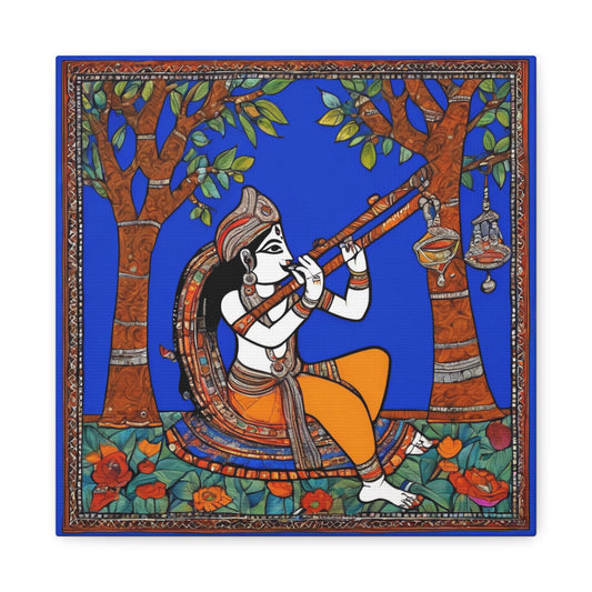 Krishna with Flute – Madhubani Home Décor Masterpiece Canvas Wall Art | Artloom Gallery