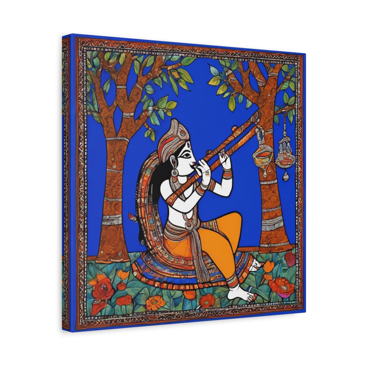 Krishna with Flute – Madhubani Home Décor Masterpiece Canvas Wall Art | Artloom Gallery
