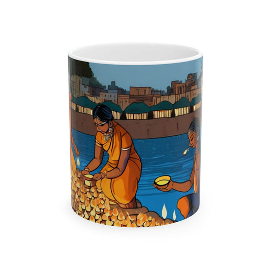 Festive Diwali Mug – Riverbank Diyas Design (11oz/15oz) | Artloom Gallery