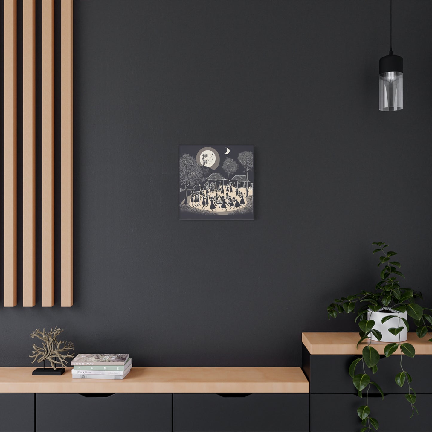 Village Celebration Under Moonlight – Monochrome  Warli Canvas Print | Rustic Indian Folk Art | Artloom Gallery