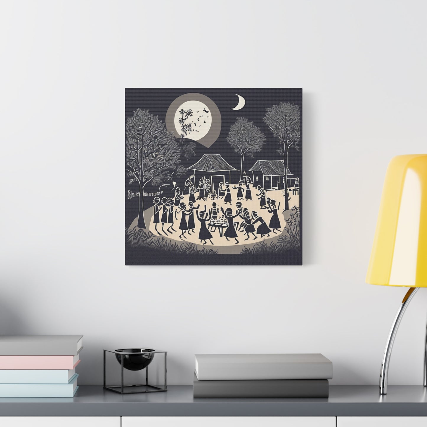 Village Celebration Under Moonlight – Monochrome  Warli Canvas Print | Rustic Indian Folk Art | Artloom Gallery