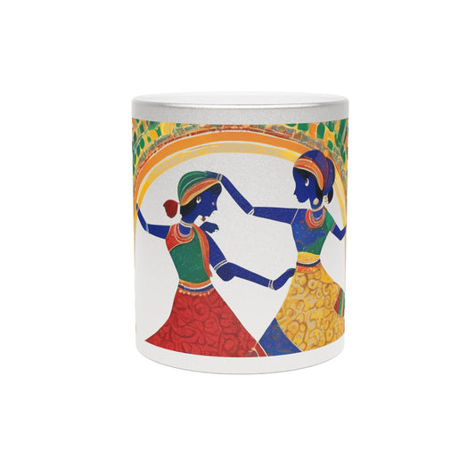 Warli Art Women Dancing Garba – Metallic Coffee Mug (Gold/Silver, 11oz) | Artloom Gallery
