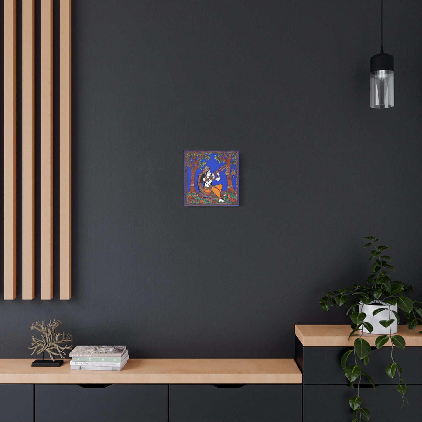 Krishna with Flute – Madhubani Home Décor Masterpiece Canvas Wall Art | Artloom Gallery