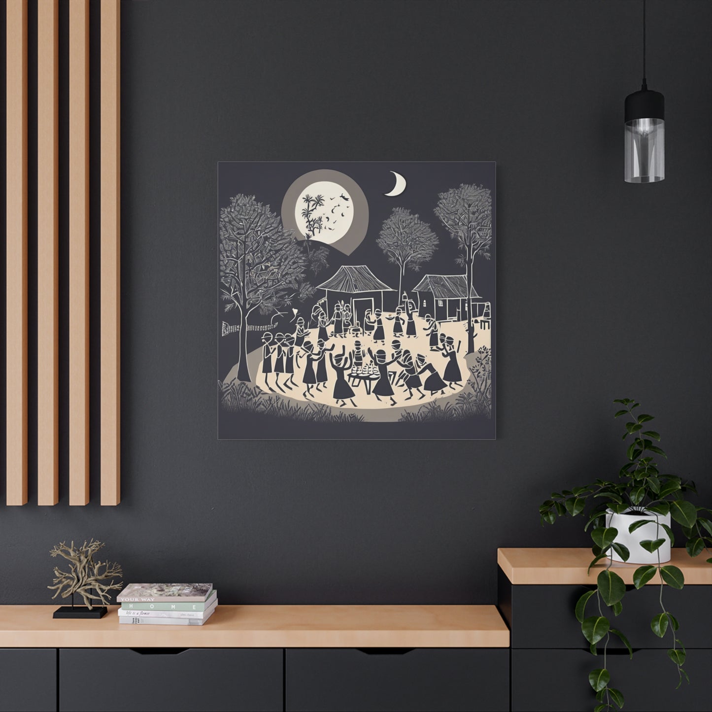 Village Celebration Under Moonlight – Monochrome  Warli Canvas Print | Rustic Indian Folk Art | Artloom Gallery