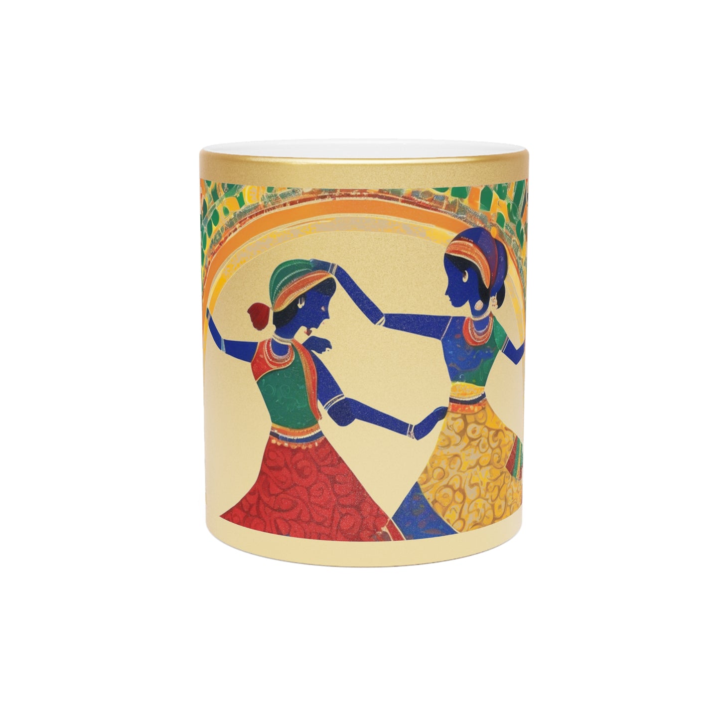 Warli Art Women Dancing Garba – Metallic Coffee Mug (Gold/Silver, 11oz) | Artloom Gallery