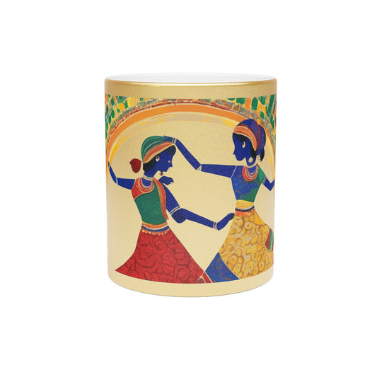 Warli Art Women Dancing Garba – Metallic Coffee Mug (Gold/Silver, 11oz) | Artloom Gallery