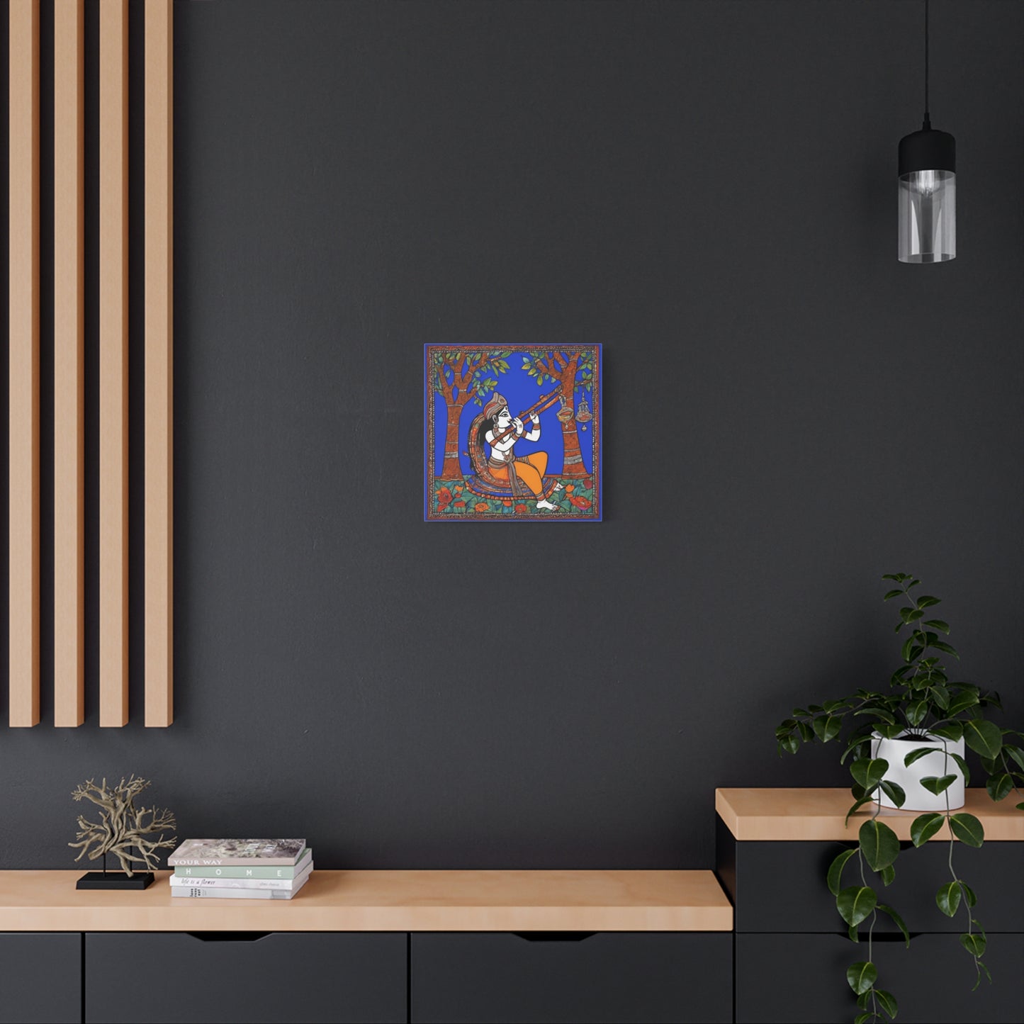 Krishna with Flute – Madhubani Home Décor Masterpiece Canvas Wall Art | Artloom Gallery
