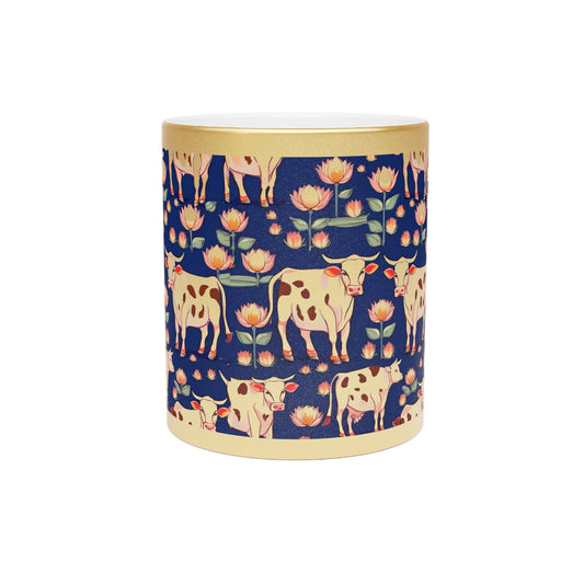 Pichwai Cows and Lotus – Metallic Coffee Mug (Gold/Silver, 11oz) | Artloom Gallery