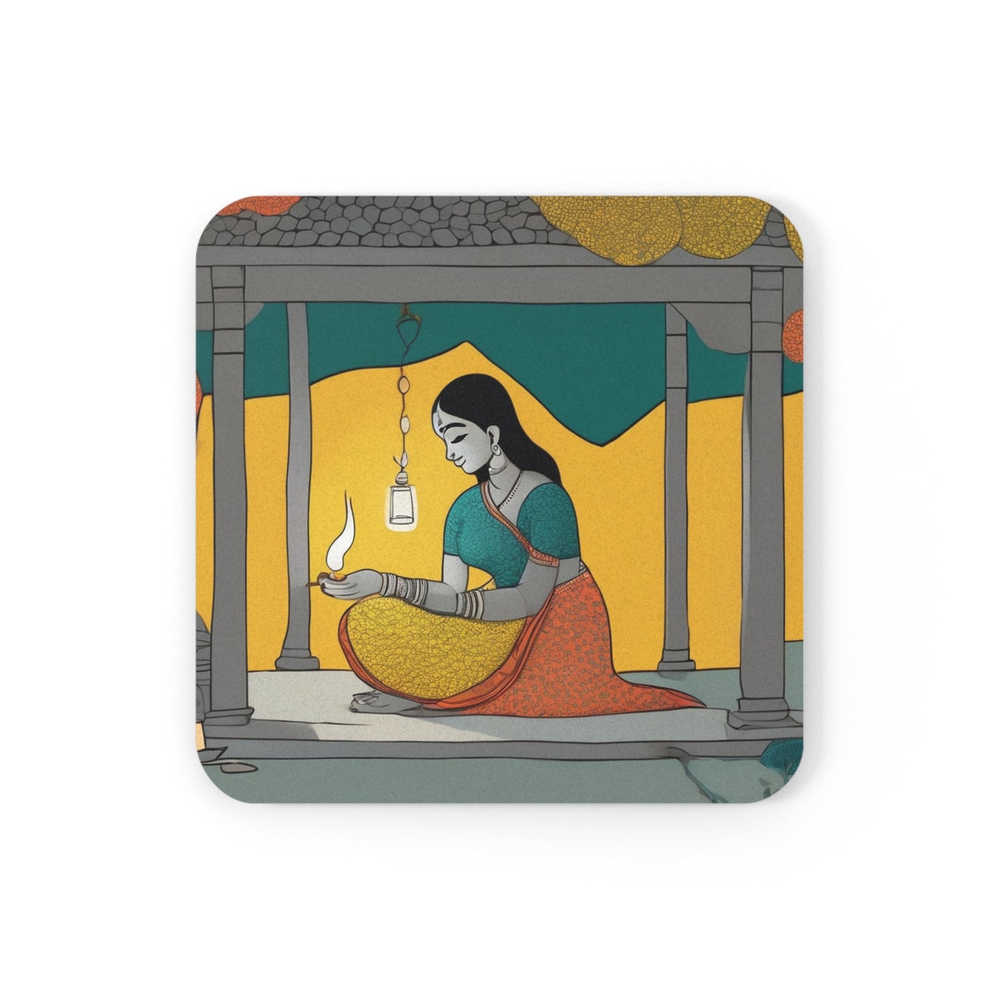 Diwali Diya – Madhubani Coaster Set (Square & Round) | Artloom Gallery