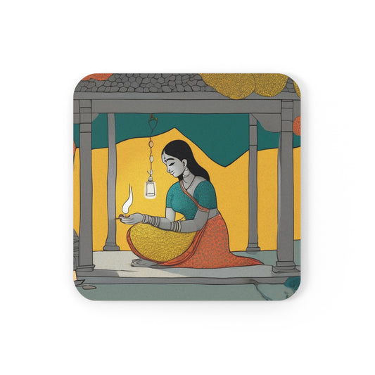Diwali Diya – Madhubani Coaster Set (Square & Round) | Artloom Gallery