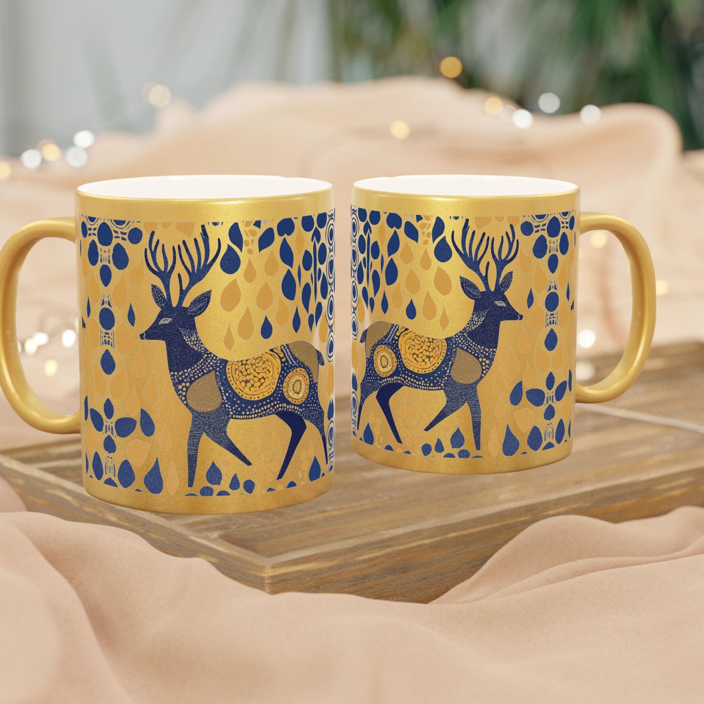 Gond Tribal Deer Design – Metallic Coffee Mug (Gold/Silver, 11oz) | Artloom Gallery